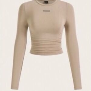 SHEIN Cream Long Sleeve Ruched Crop Bodysuit